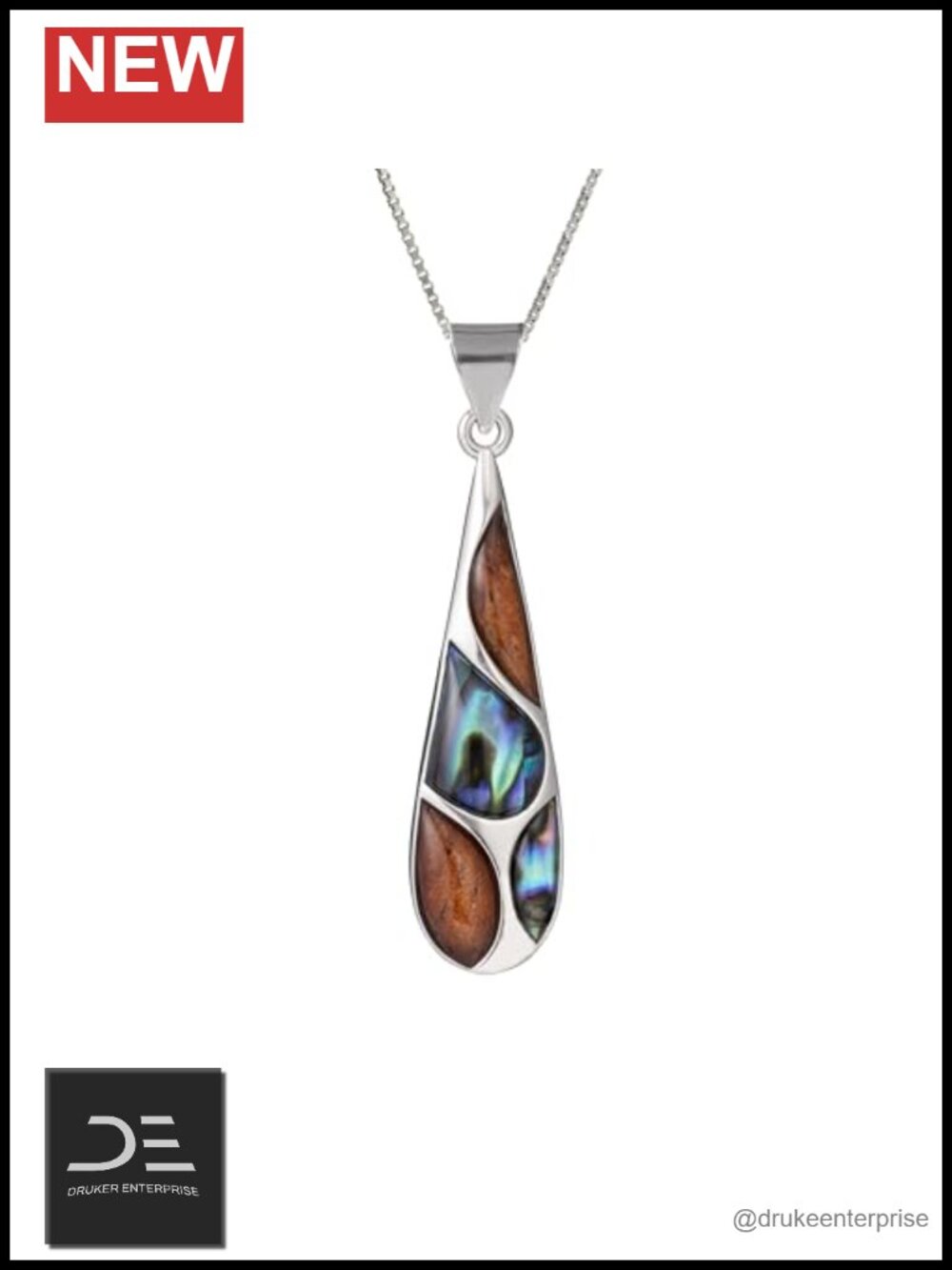 Sterling Silver Koa Wood Abalone Shell Pendant Necklace 18" Box Chain